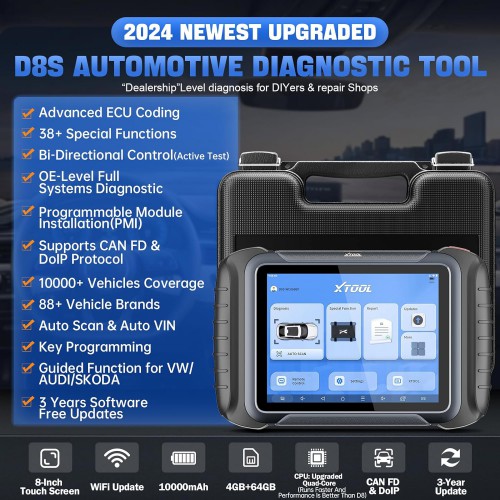 2024 XTOOL D8S Full Diagnostic Scan Tool CAN FD & DoIP, ECU Coding, Bi-Directional Control, 38+Resets, Key Programming, Upgraded Version of D8
