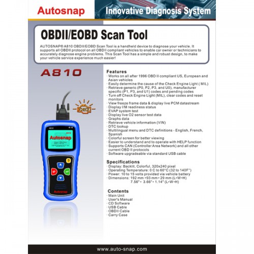 Original Autosnap A810 OBDII EOBD Scan Tool multi-language