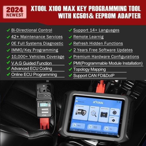 XTOOL X100 MAX Advanced Key Programming Tool with KC501+EEPROM Adapter+Adapter Kit, Read PIN, Topology Mapping, ECU Coding/Programming, Bi-Directional