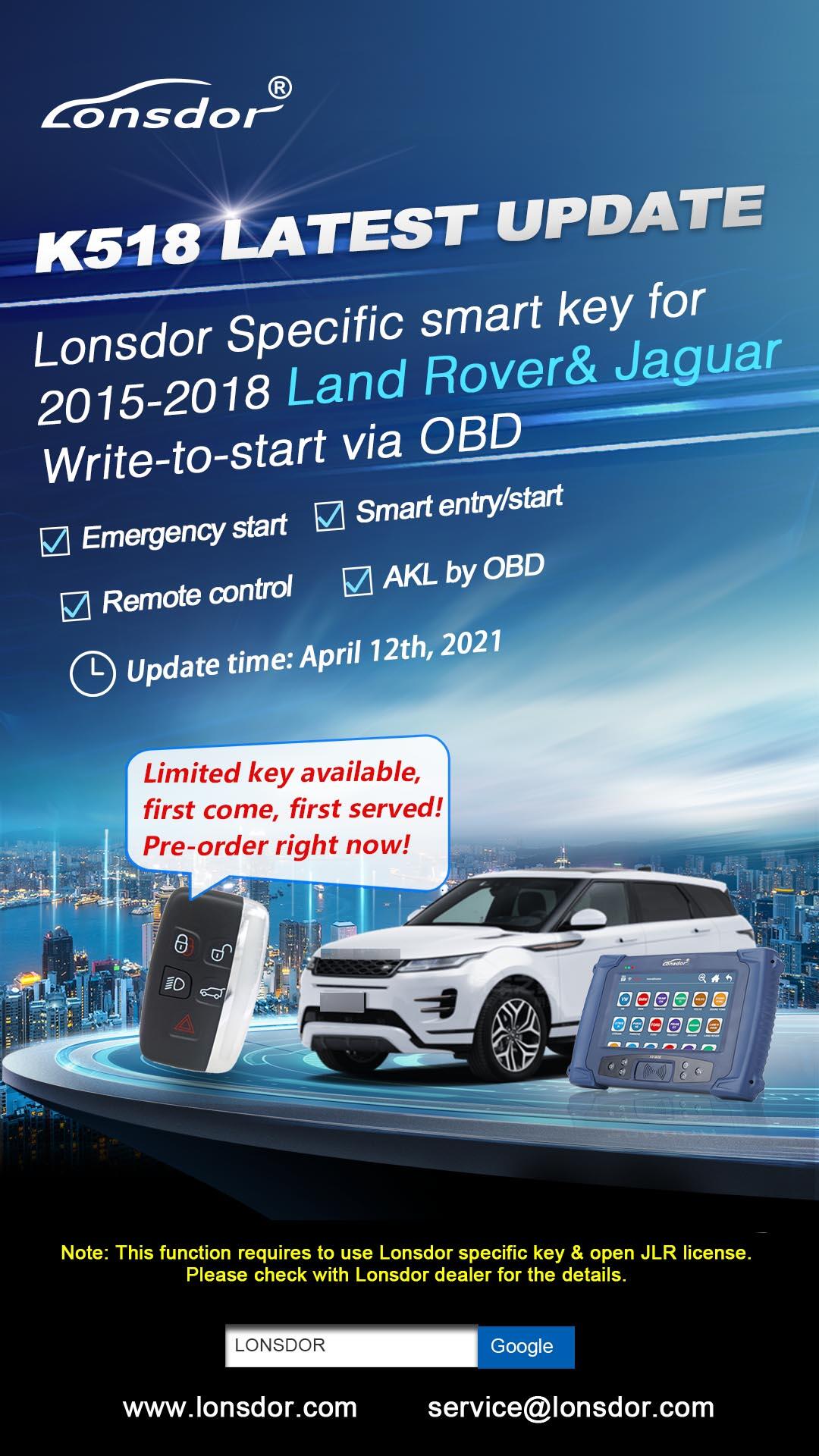 Lonsdor Specific smart key for 2015-2018 Land rover and Jaguar  write-to-start via OBD