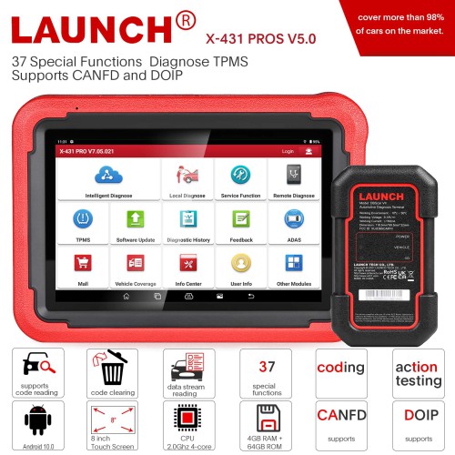 2024 Launch X431 PROS V5.0 Bidirectional Diagnostic Scan Tool with DBSCar VII VCI, ECU Online Coding, CANFD DOIP, FCA AutoAuth, VAG Guide, 37+ Reset