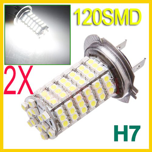 H7 120 LED 3528 SMD Xenon White Car Fog Headlight Head Light Lamp Bulb DC 12V 2pcs/lot