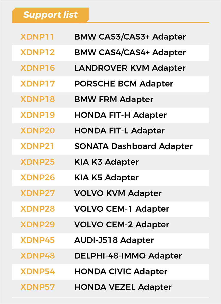 xhorse Solder-Free Adapters Support List