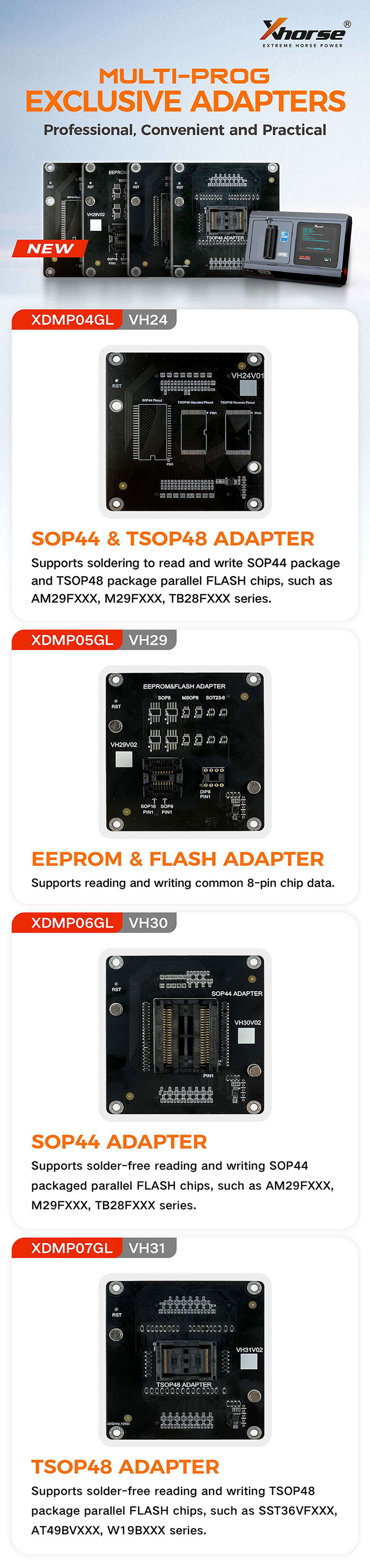 XHORSE Multi-prog SOP44 & TSOP48, EEPROM & FLASH, SOP44, TSOP48 Adapter