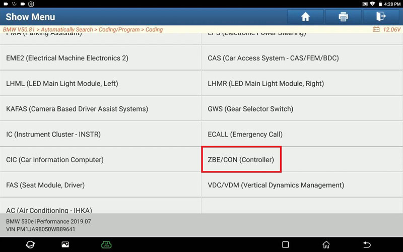 Launch X431 PAD VII do ZBE CON controller encoding on BMW 530E(G30)